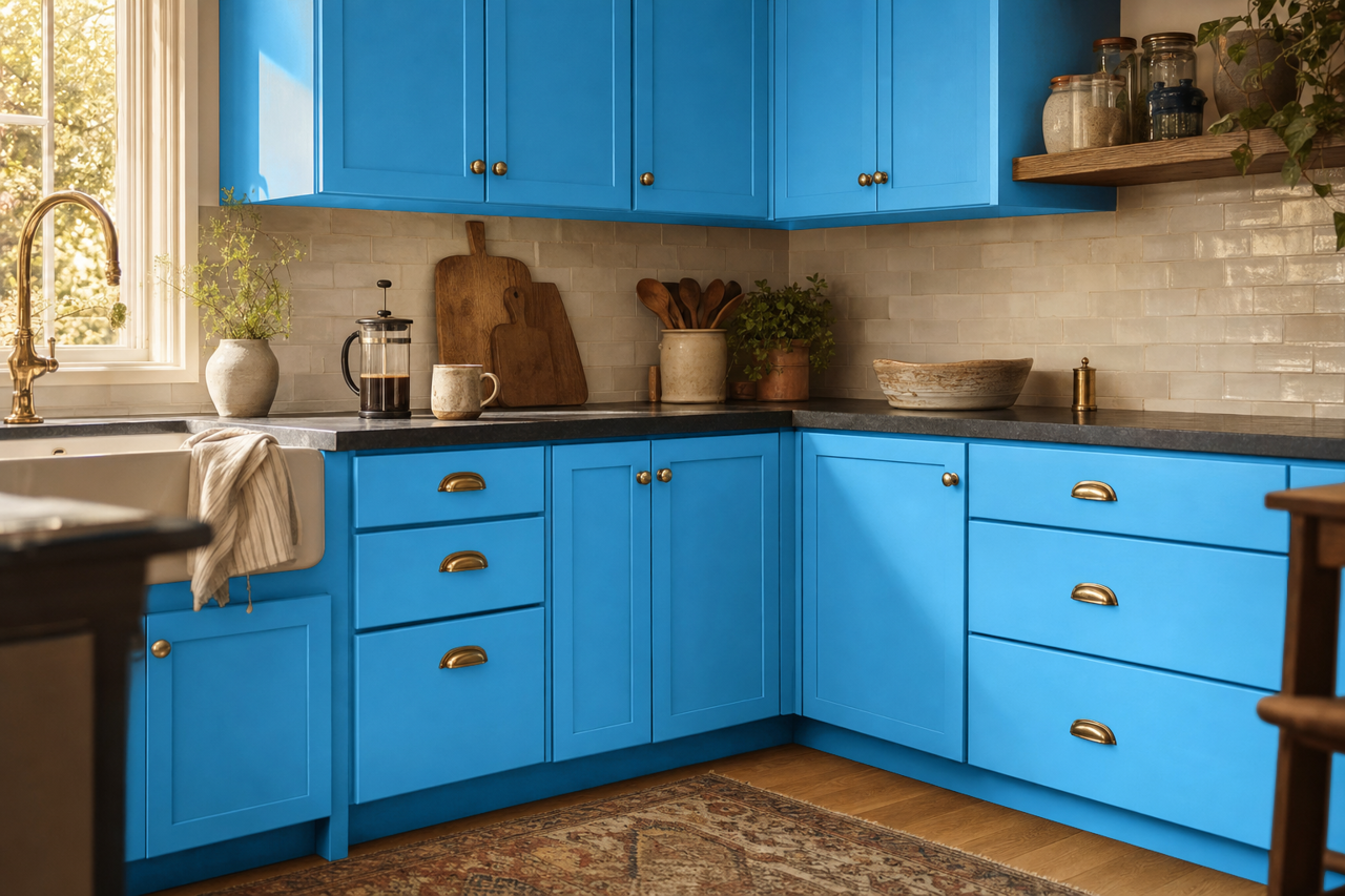 Blue Burst by Valspar on cabinets