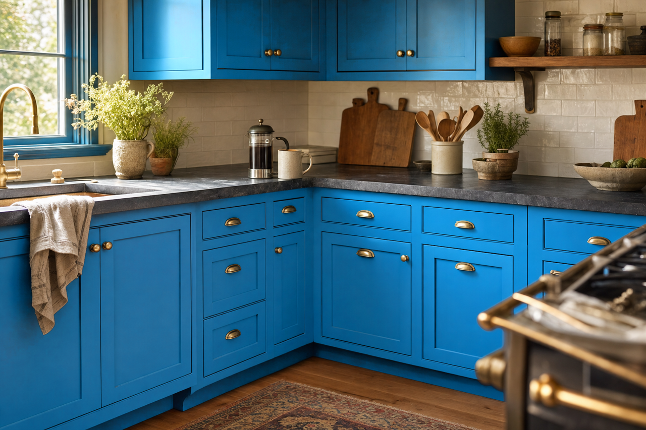 Cosmic Blue by Valspar on cabinets