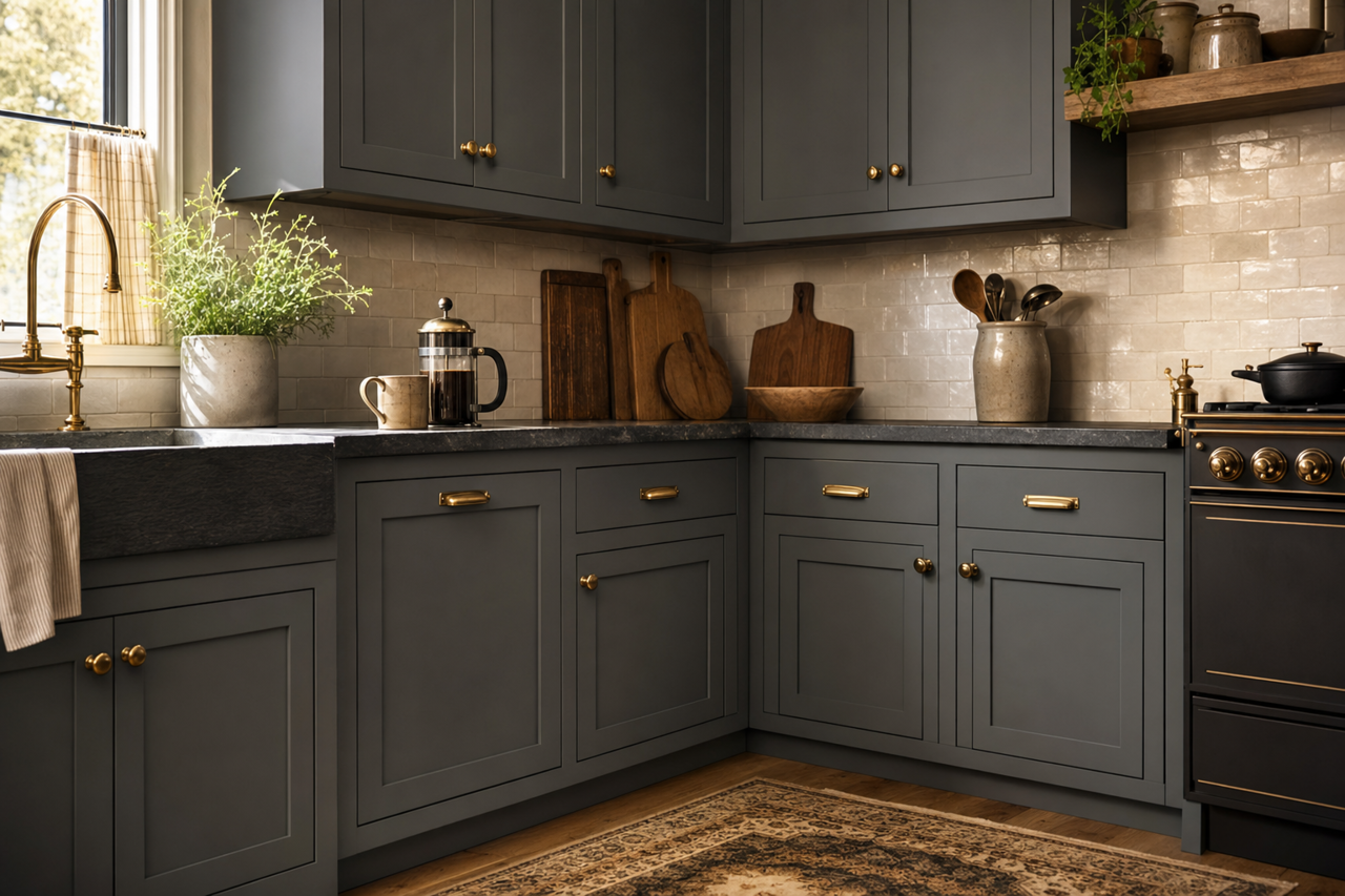 Muted Ebony by Valspar on cabinets