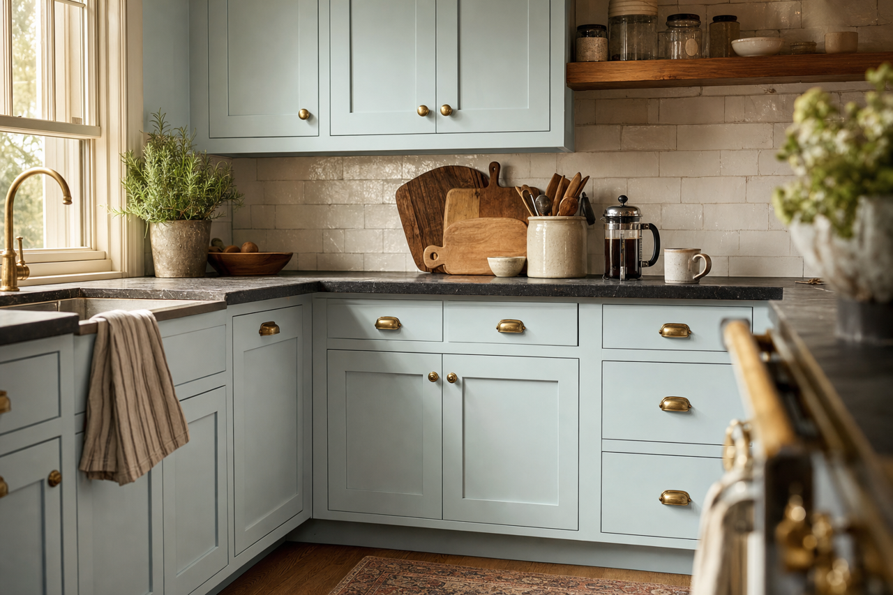 Rising Tide by Valspar on cabinets