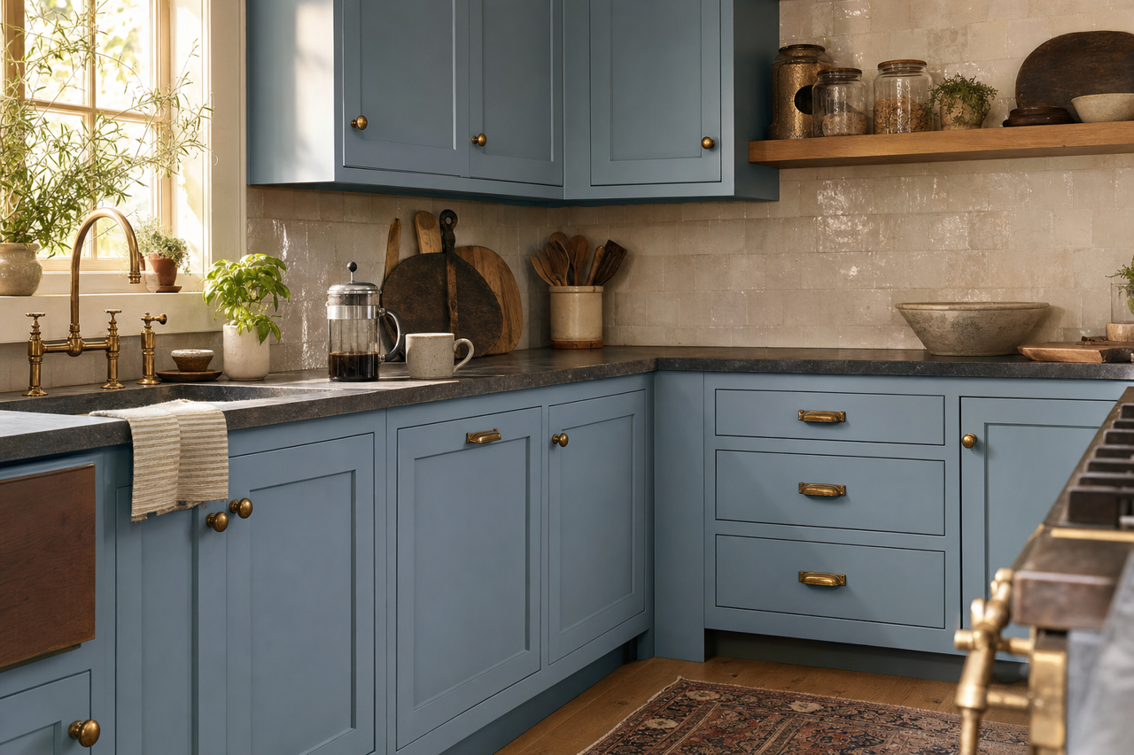 Pulitzer Blue by Valspar on cabinets