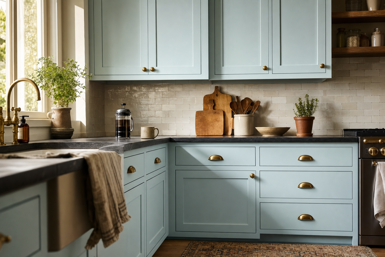Pale Flowers by Valspar on cabinets