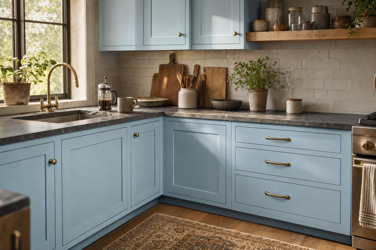 Northern Sky Blue by Valspar on cabinets