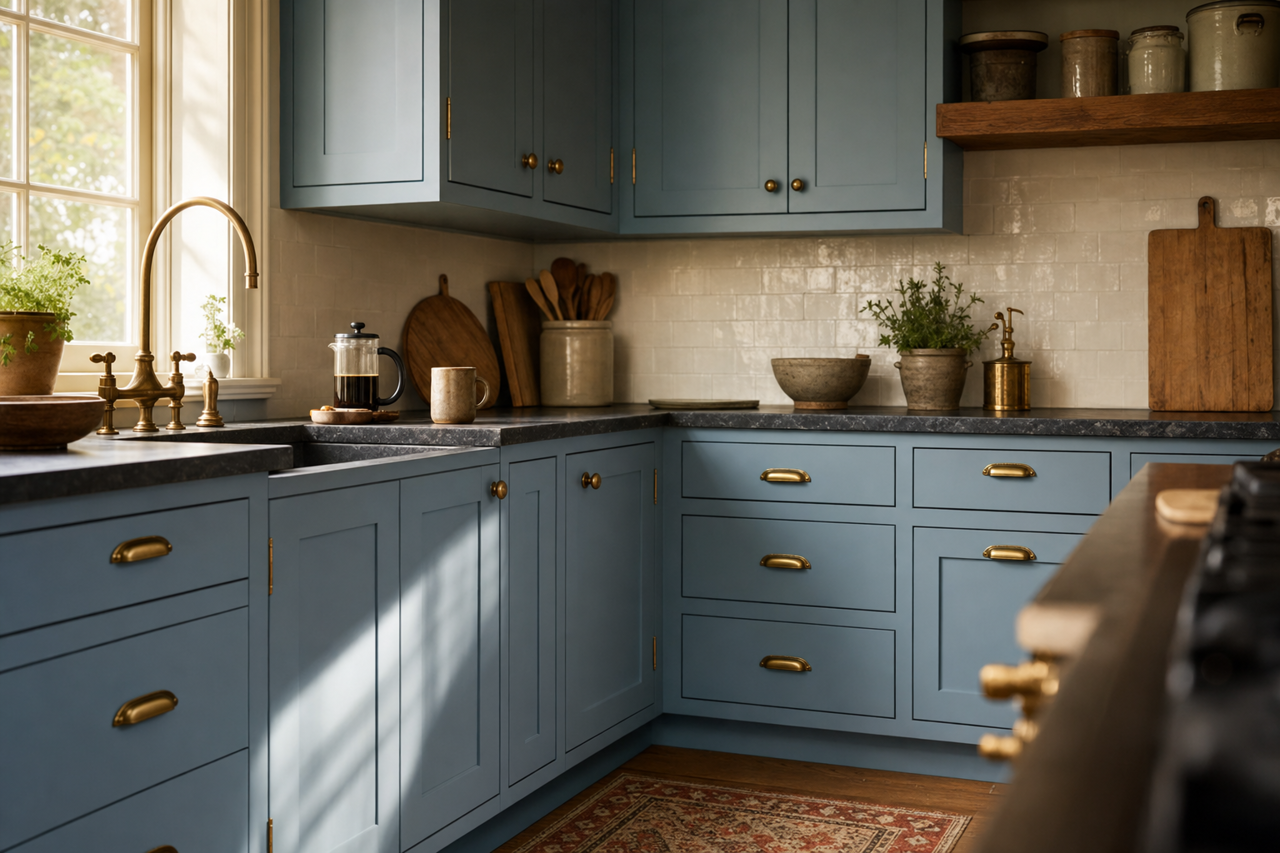 Summerhouse Blue by Valspar on cabinets