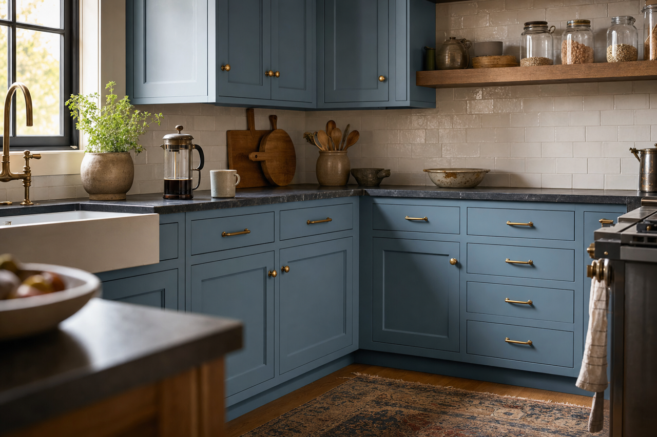 Celebration Blue by Valspar on cabinets