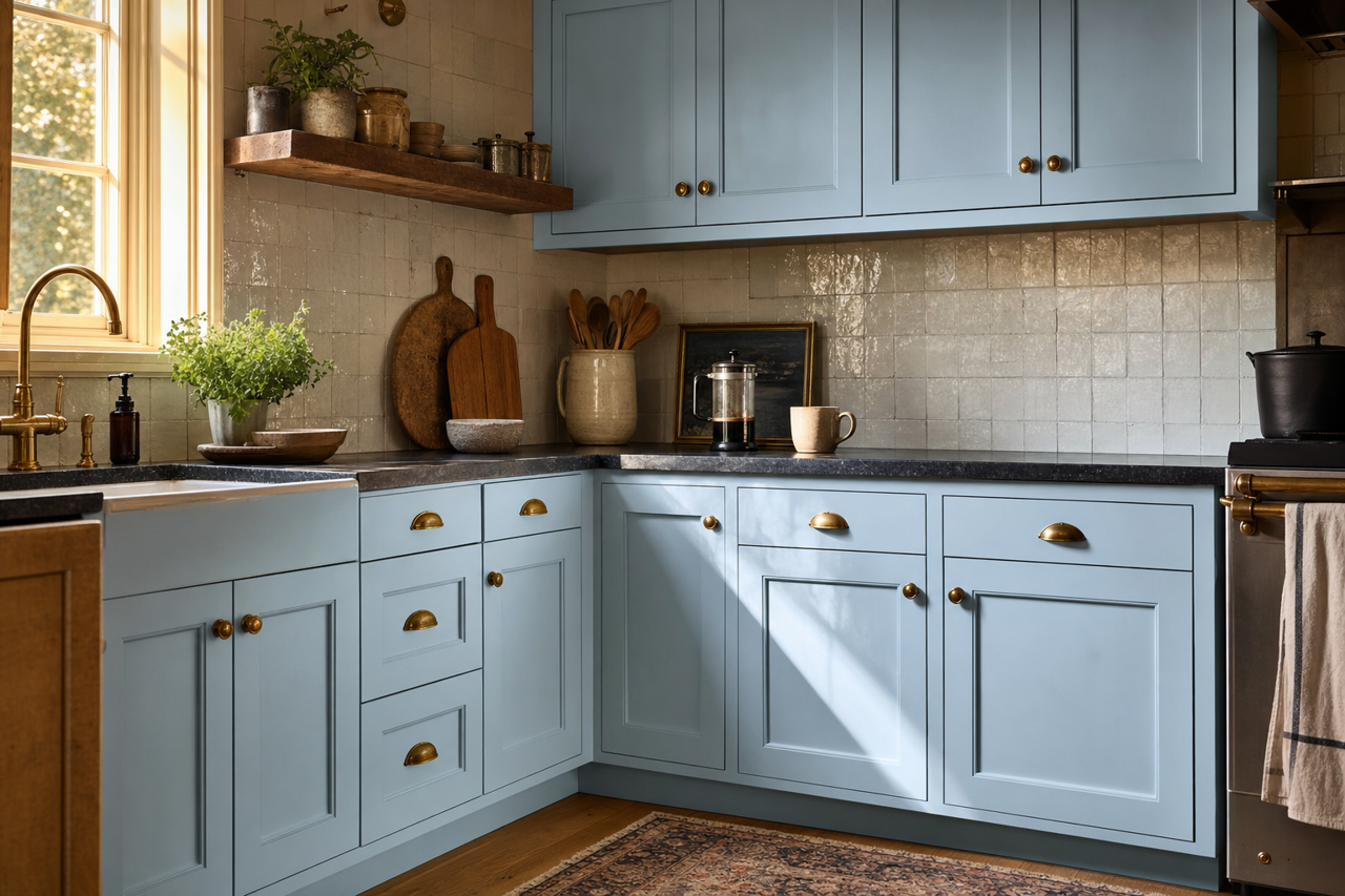 Summer Breeze by Valspar on cabinets