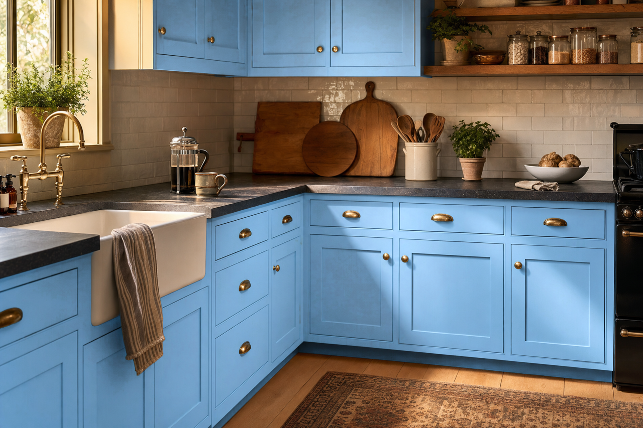 Autumn Sky by Valspar on cabinets