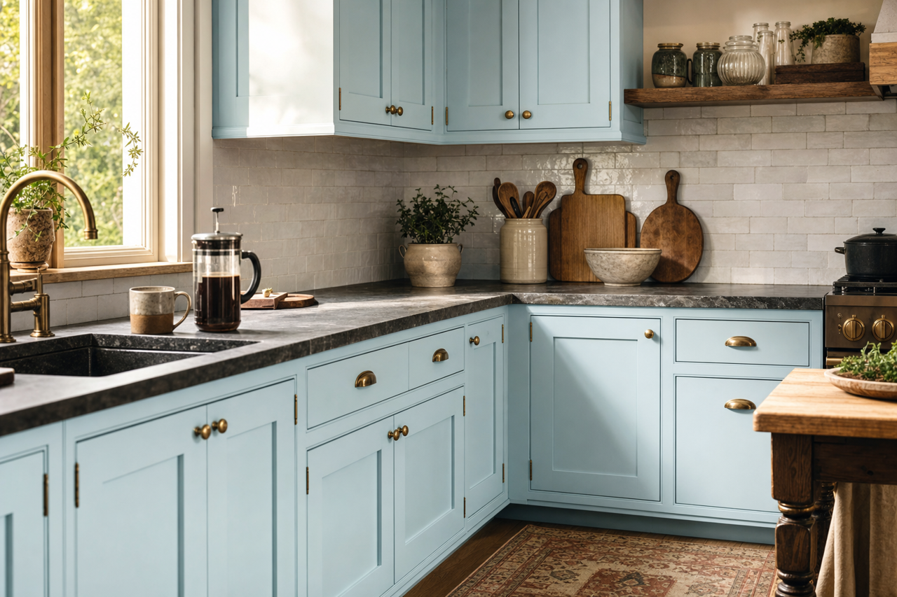 Skywriter by Valspar on cabinets