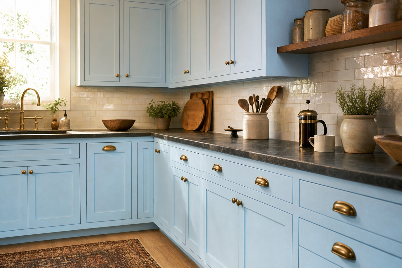Sonic Sky by Valspar on cabinets