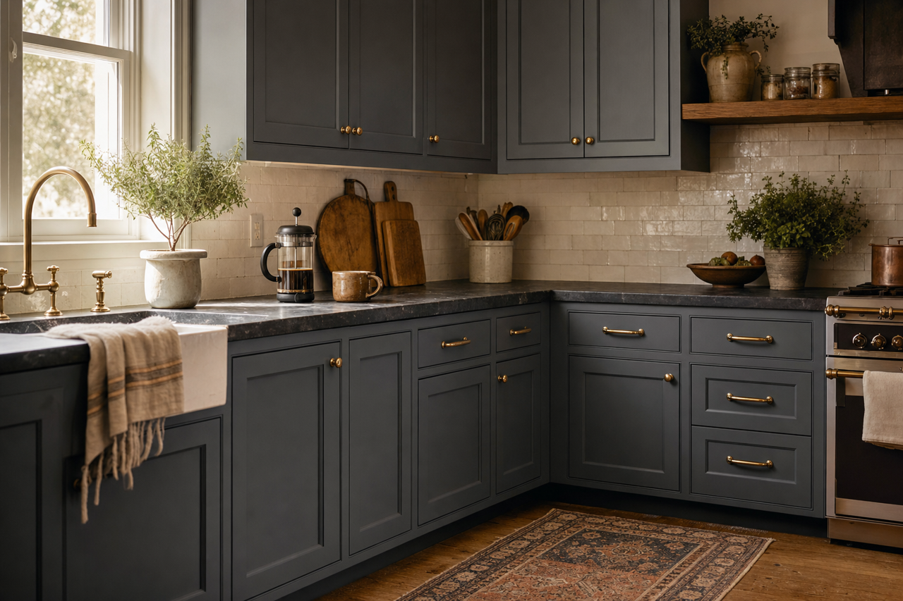 Gotham Gray by Valspar on cabinets