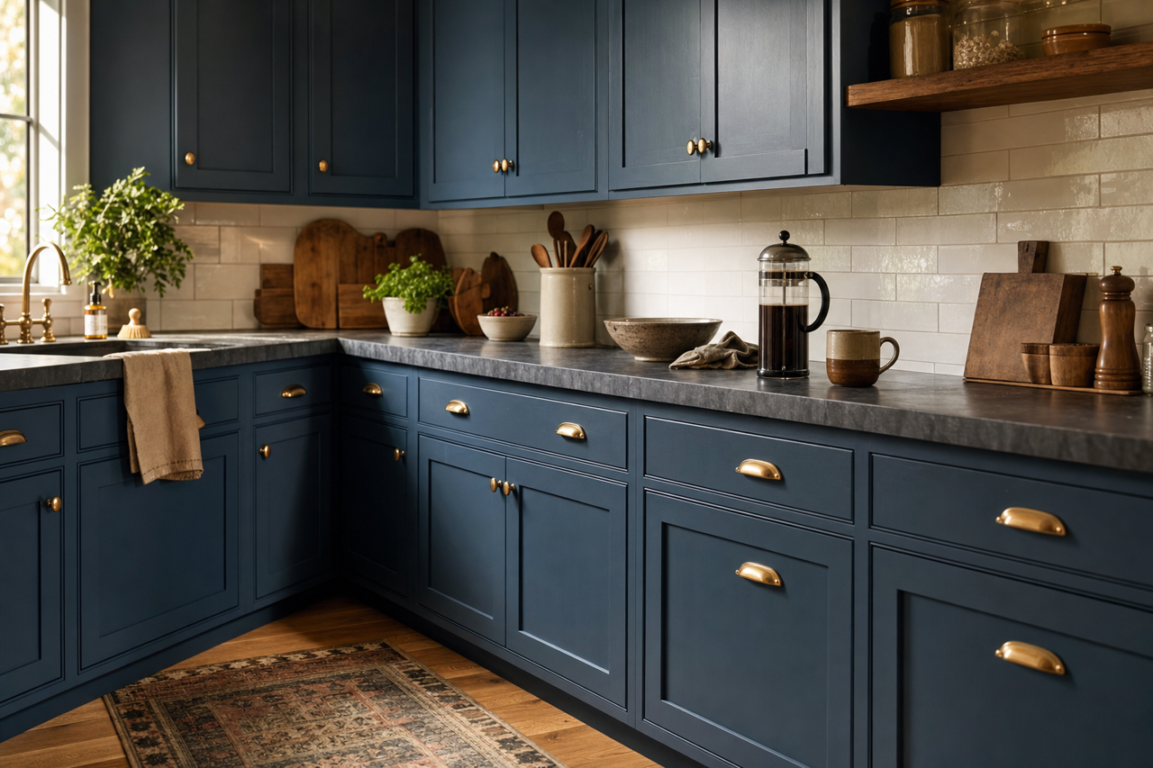 Boisterous Blue by Valspar on cabinets