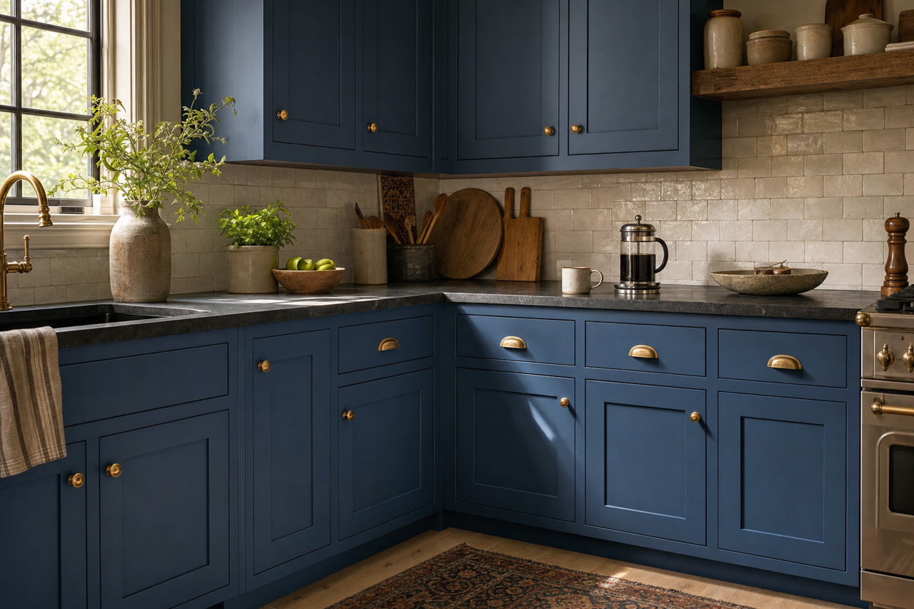 Indigo Cloth by Valspar on cabinets