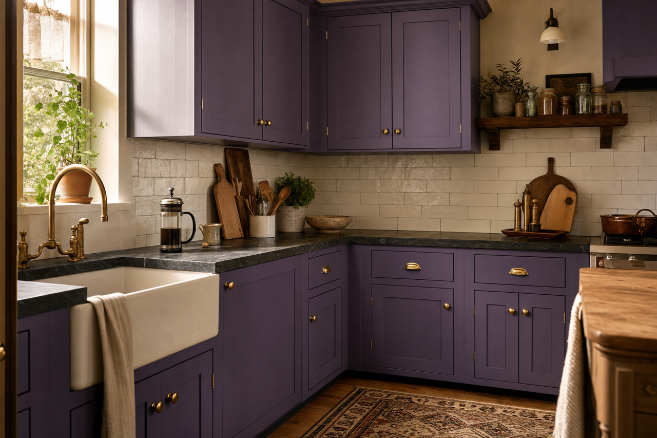 Sumptuous Purple by Valspar on cabinets