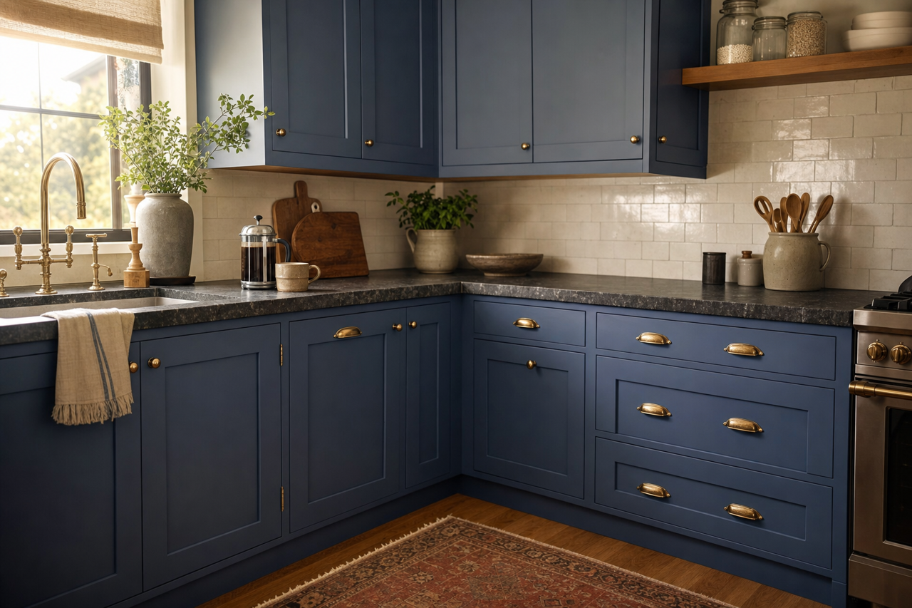 Precious Sapphire by Valspar on cabinets