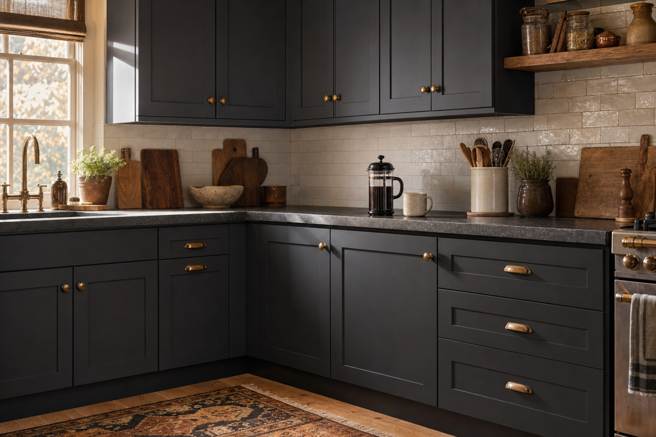 Dark Kettle Black by Valspar on cabinets