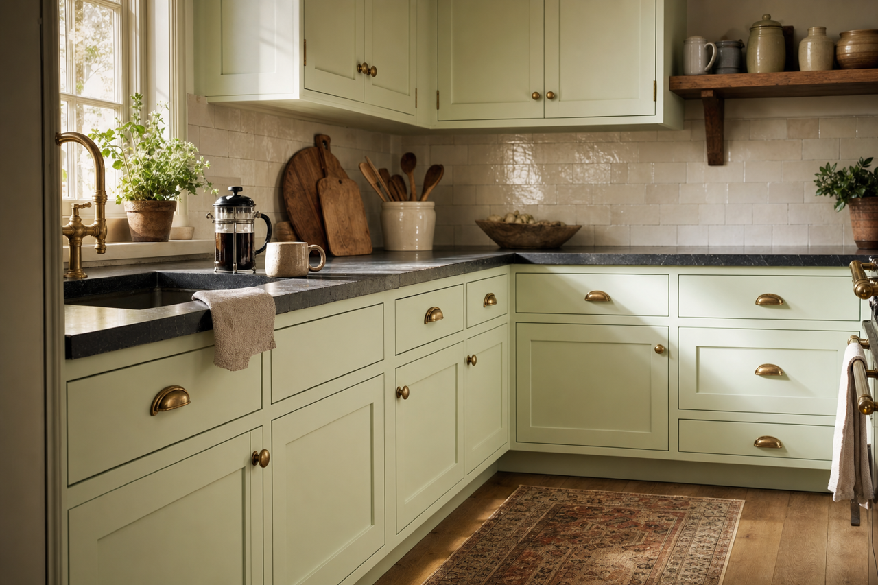 Cucumber by Benjamin Moore on cabinets