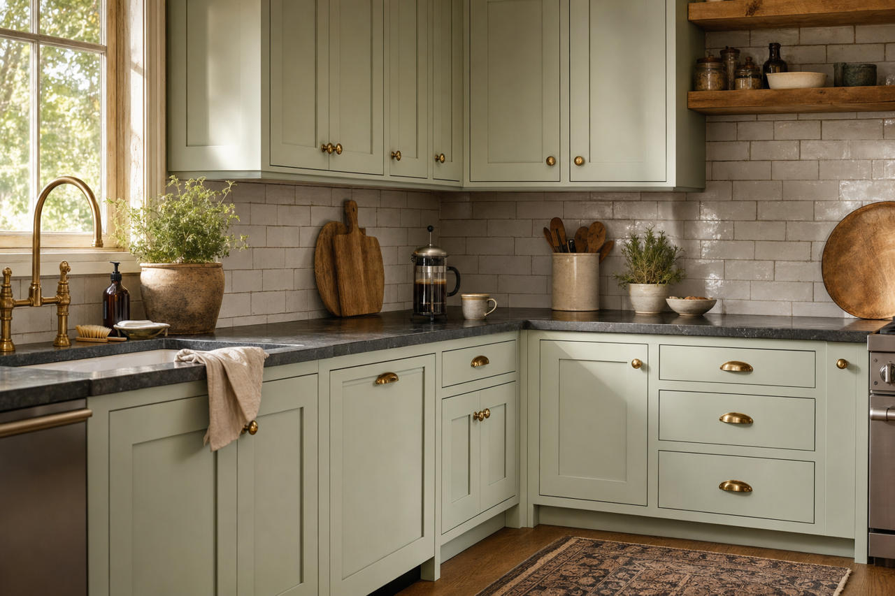 Antique Jade by Benjamin Moore on cabinets
