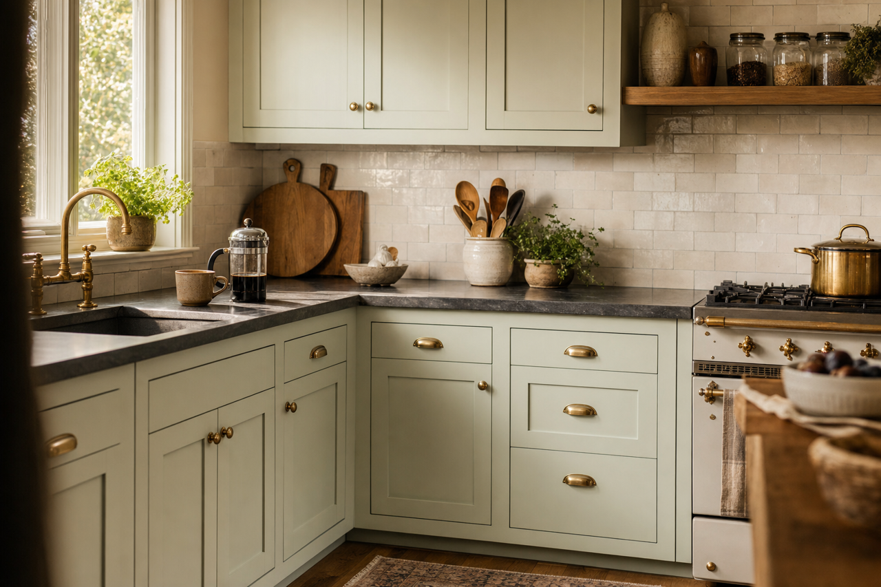 Tea by Benjamin Moore on cabinets