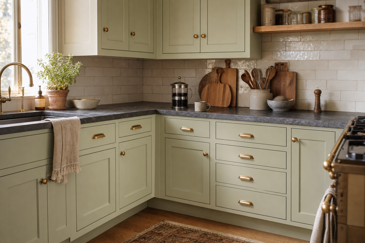 Aganthus Green by Benjamin Moore on cabinets