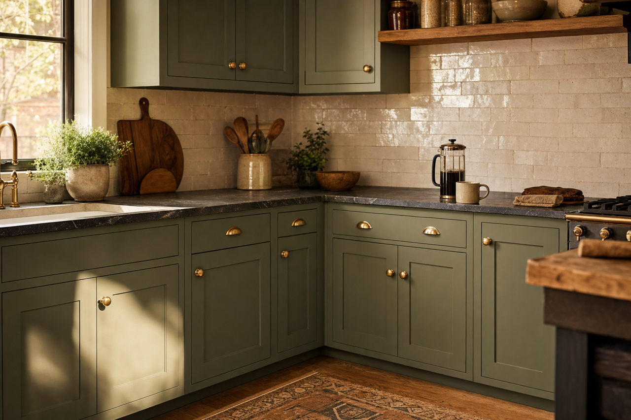 Jade Romanesque by Benjamin Moore on cabinets