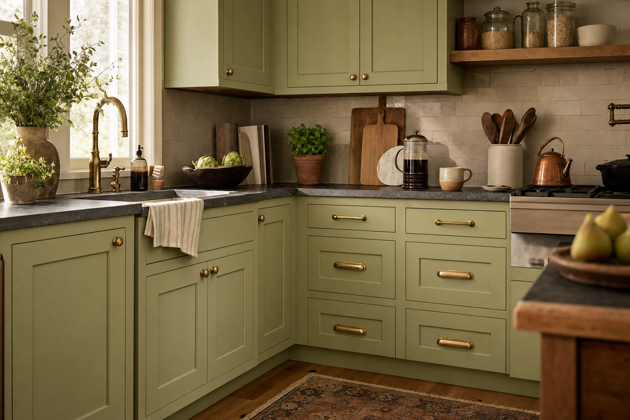 Dill by Benjamin Moore on cabinets