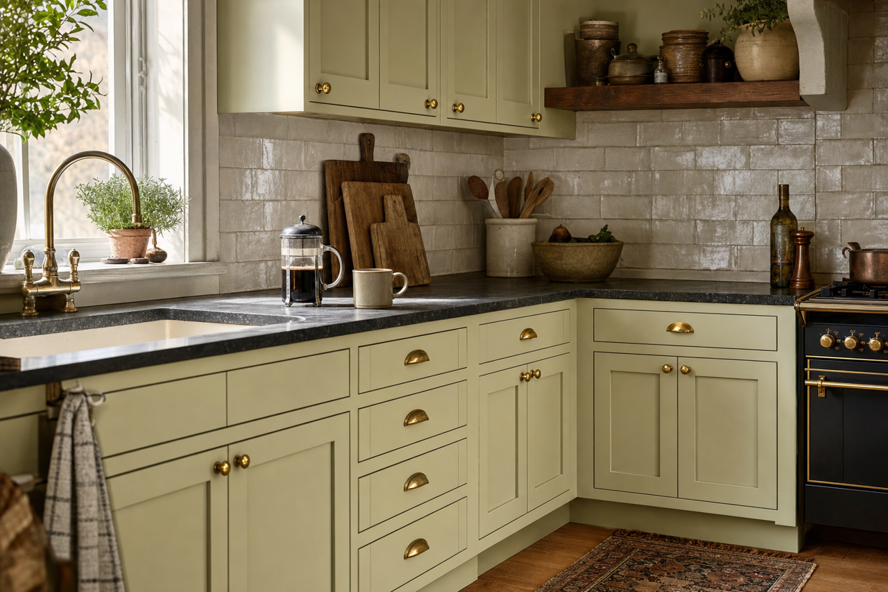 Mosaic Glass by Benjamin Moore on cabinets