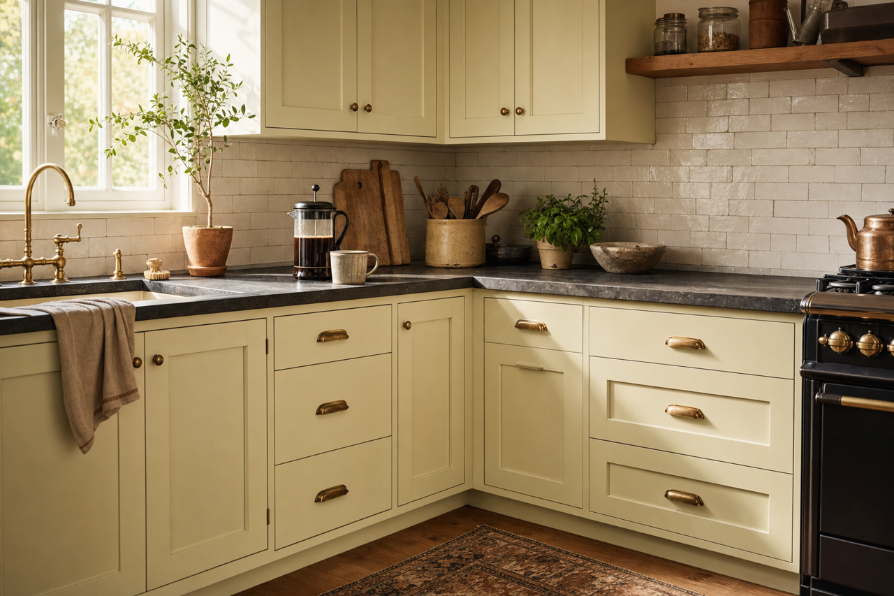 Dune Grass by Benjamin Moore on cabinets