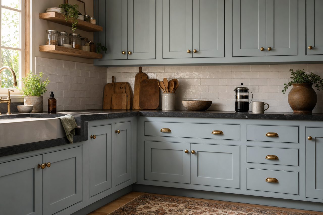 Grey Brook by Valspar on cabinets