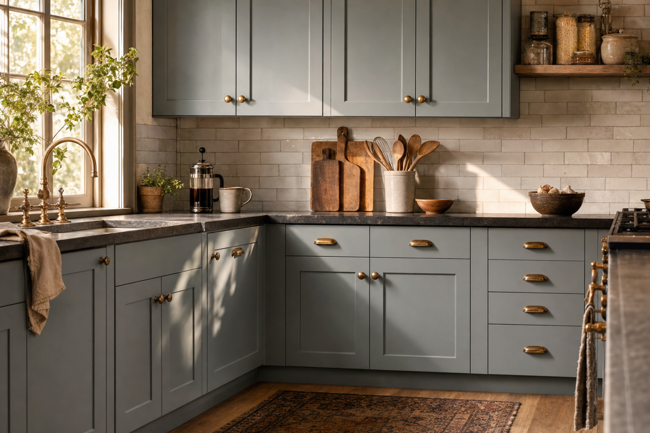Blue Twilight by Valspar on cabinets