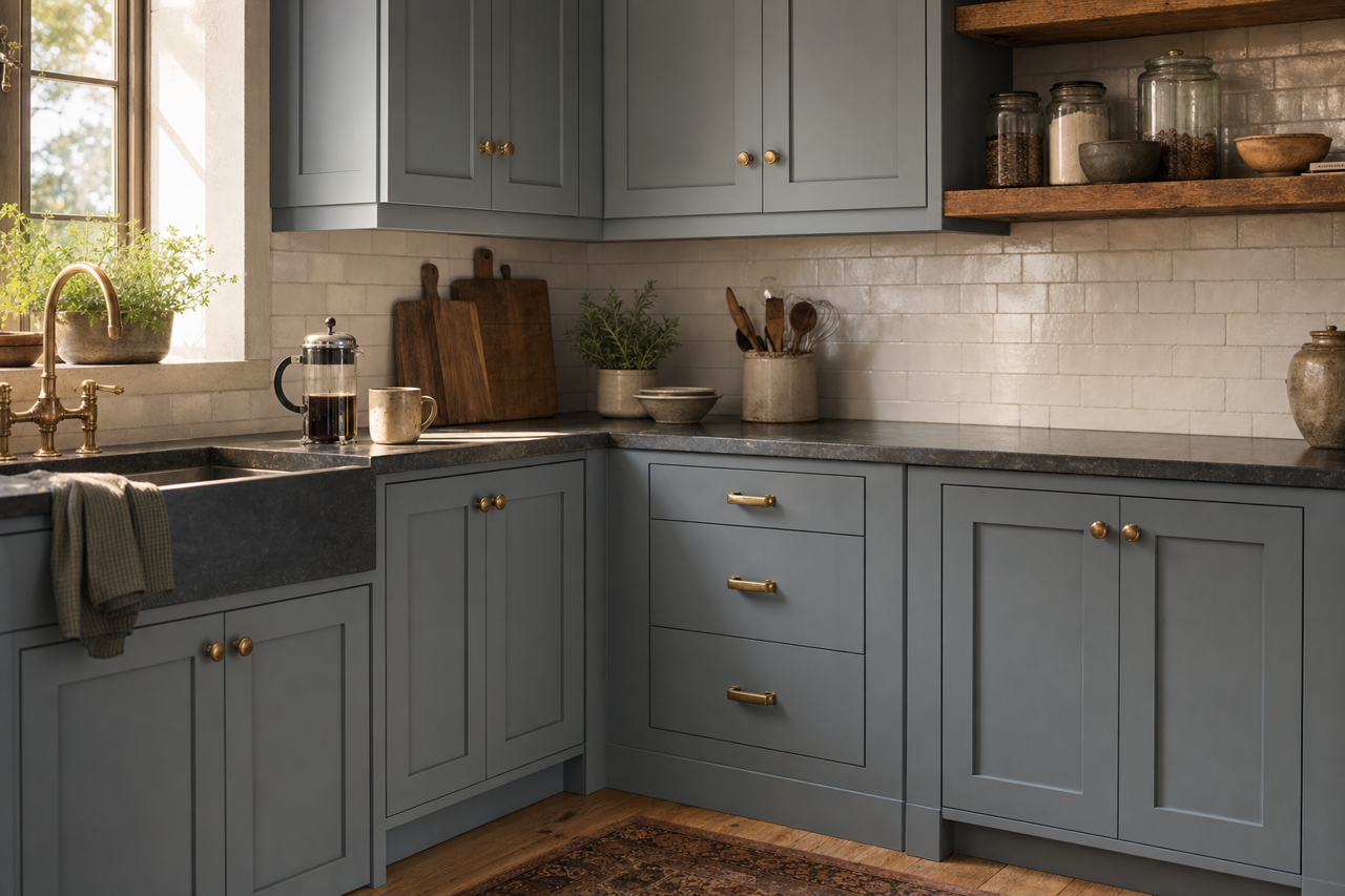 Academy Gray by Valspar on cabinets