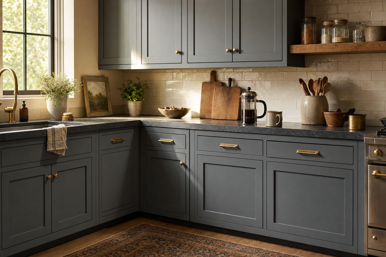 Relaxed Navy by Valspar on cabinets