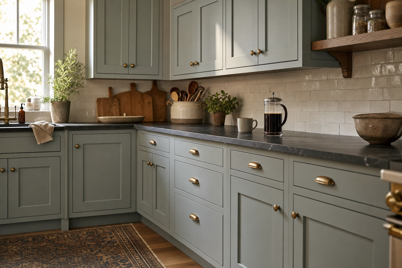 Blue Arrow by Valspar on cabinets