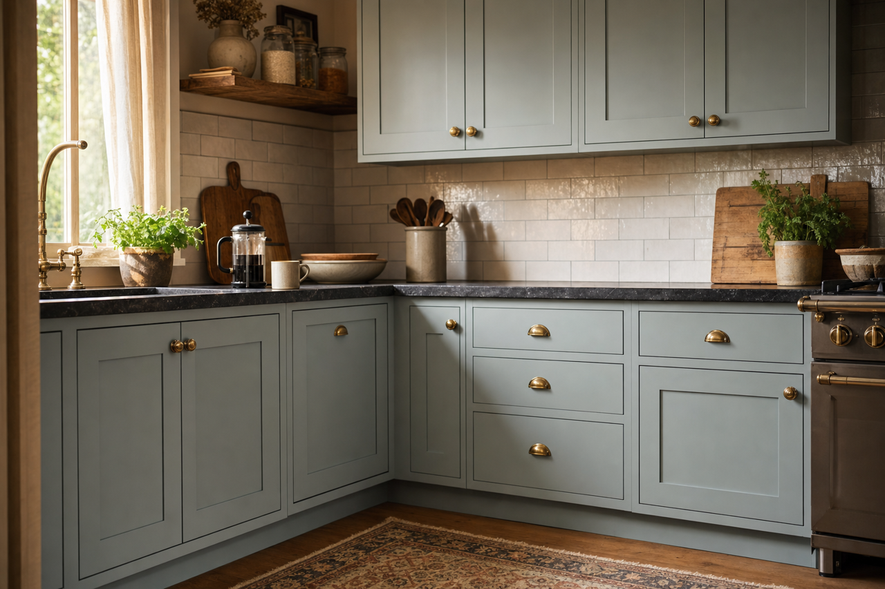 Café Blue by Valspar on cabinets