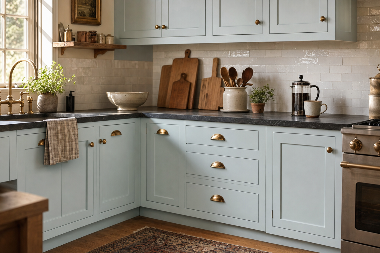 Lament Blue by Valspar on cabinets