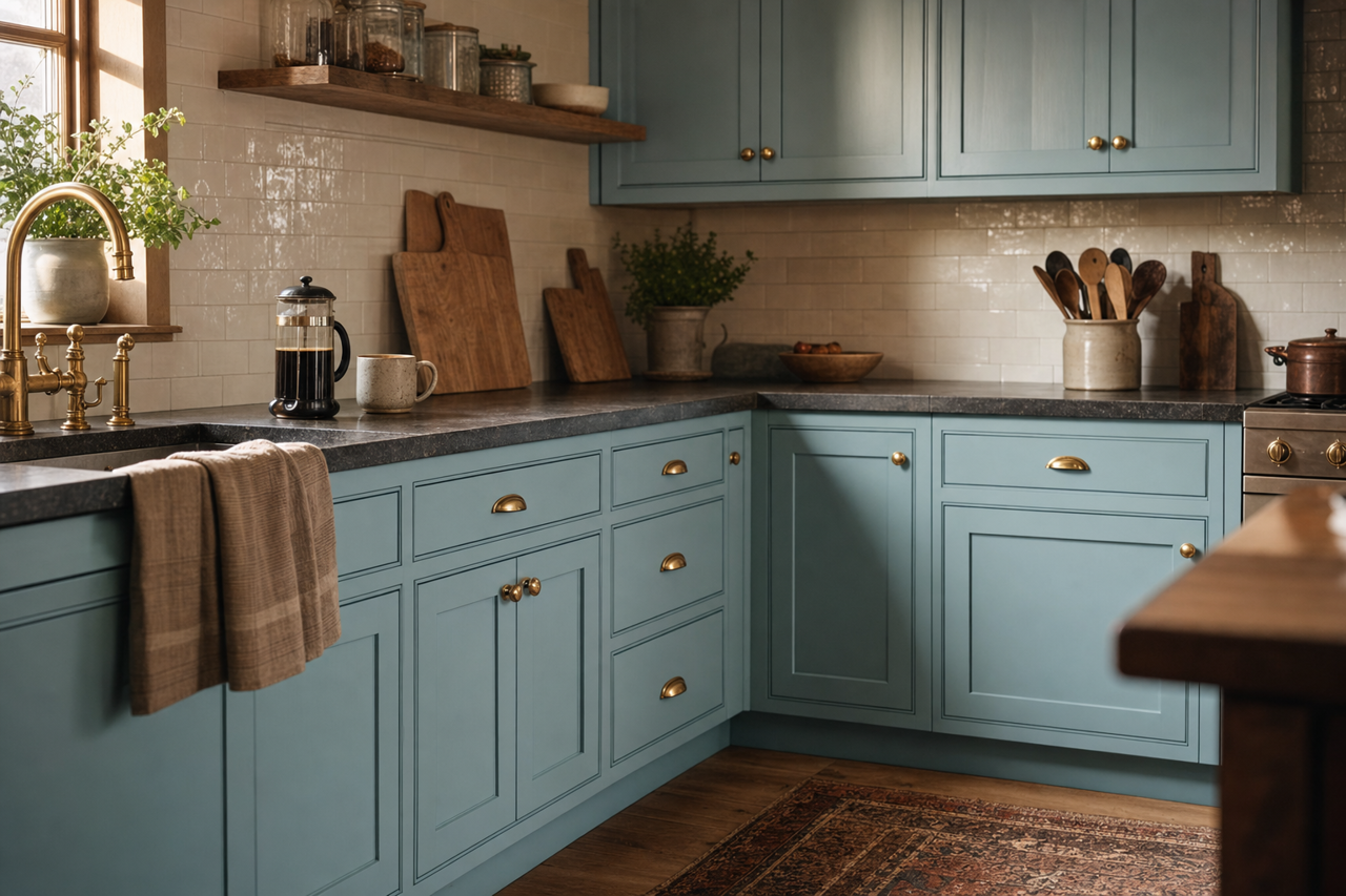 Lucy Blue by Valspar on cabinets