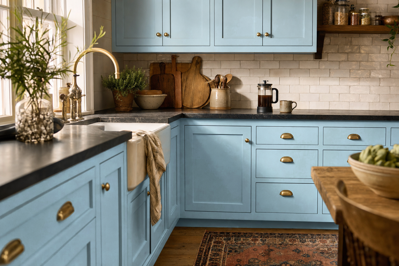 Blue Tradition by Valspar on cabinets