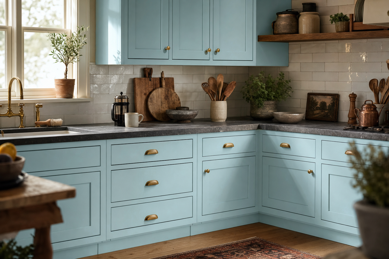 Rain Dance by Valspar on cabinets