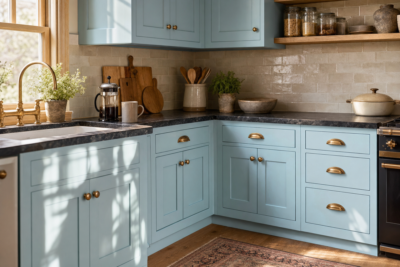 Summer Sky by Valspar on cabinets