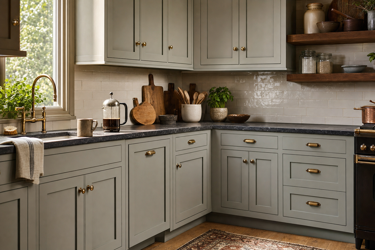 Seafoam Storm by Valspar on cabinets