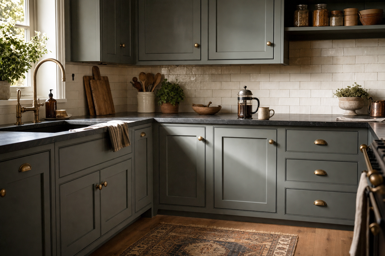 Coastal Dusk by Valspar on cabinets