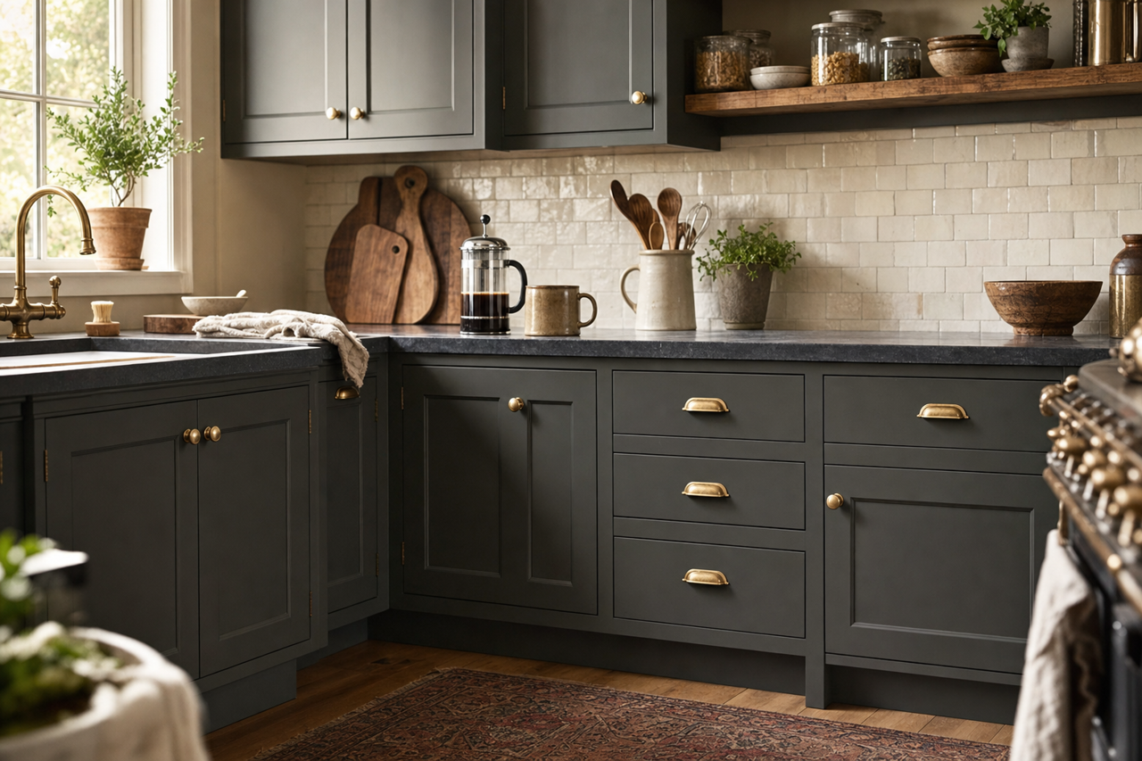 Sable Calm by Valspar on cabinets