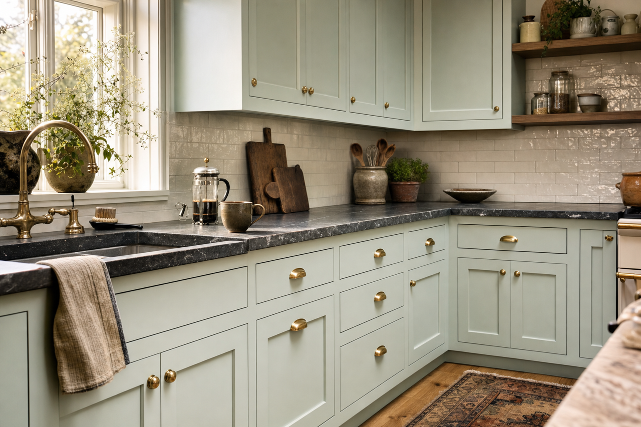 Distant Valley by Valspar on cabinets