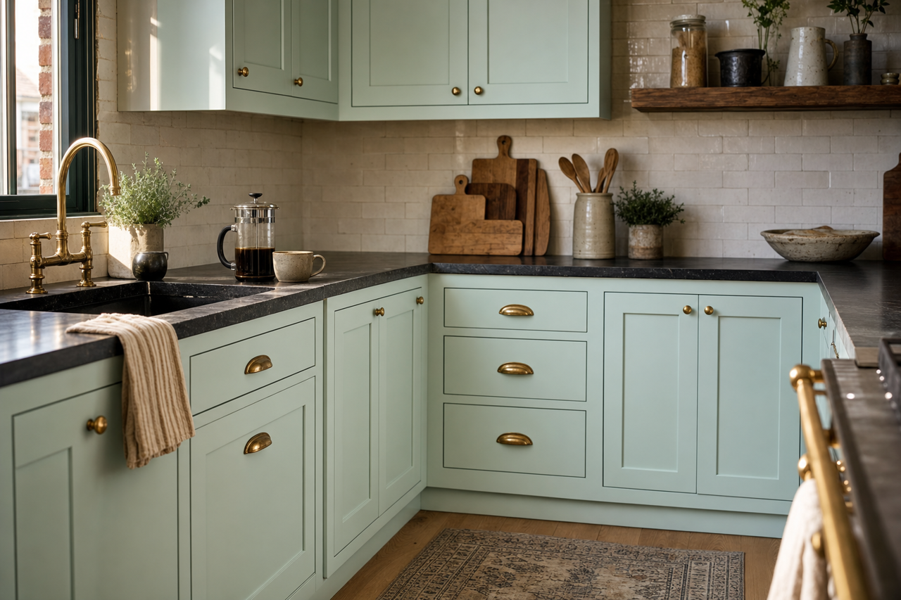 Gossamer Sky by Valspar on cabinets