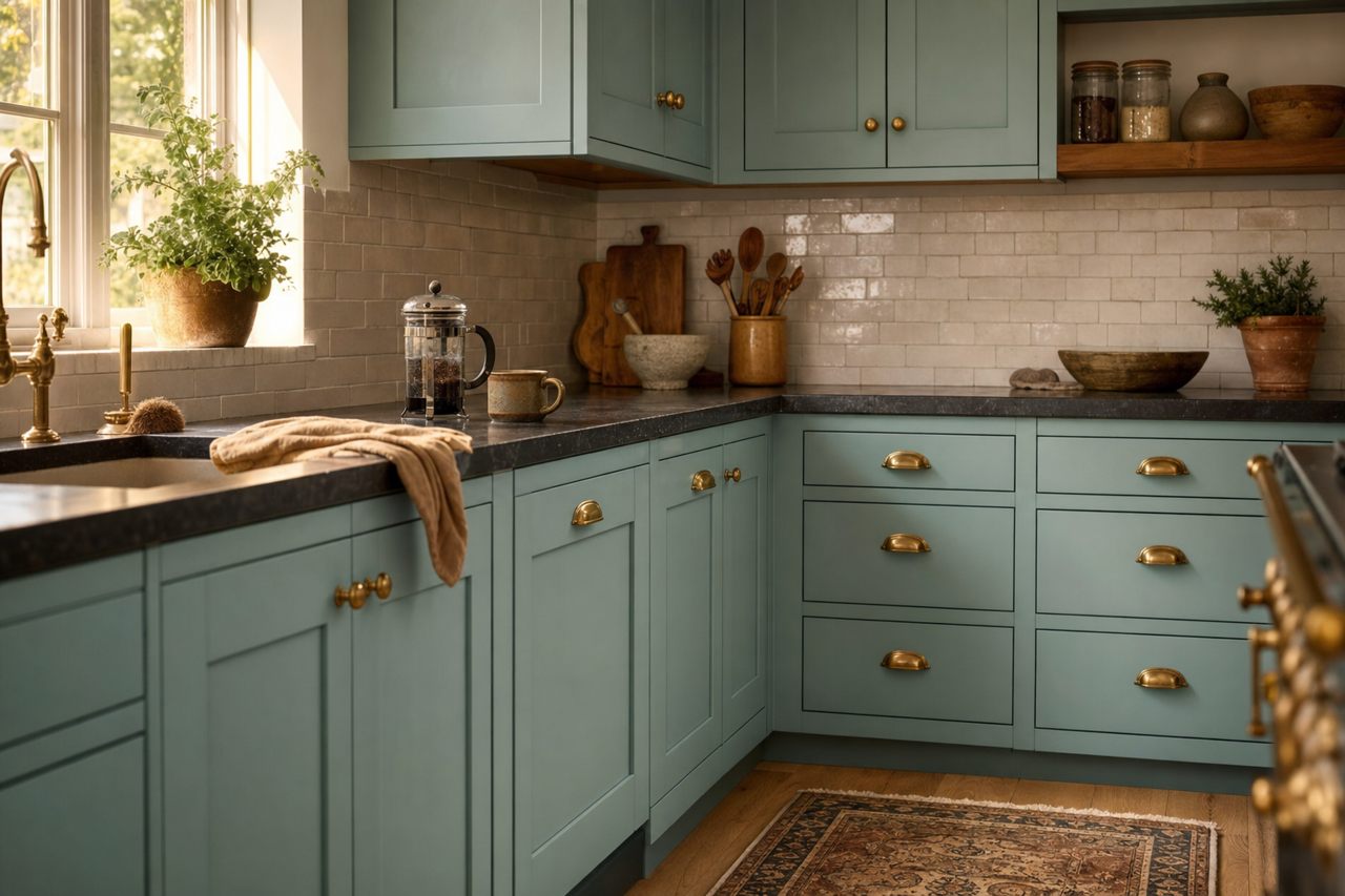 Turquoise Porcelain by Valspar on cabinets