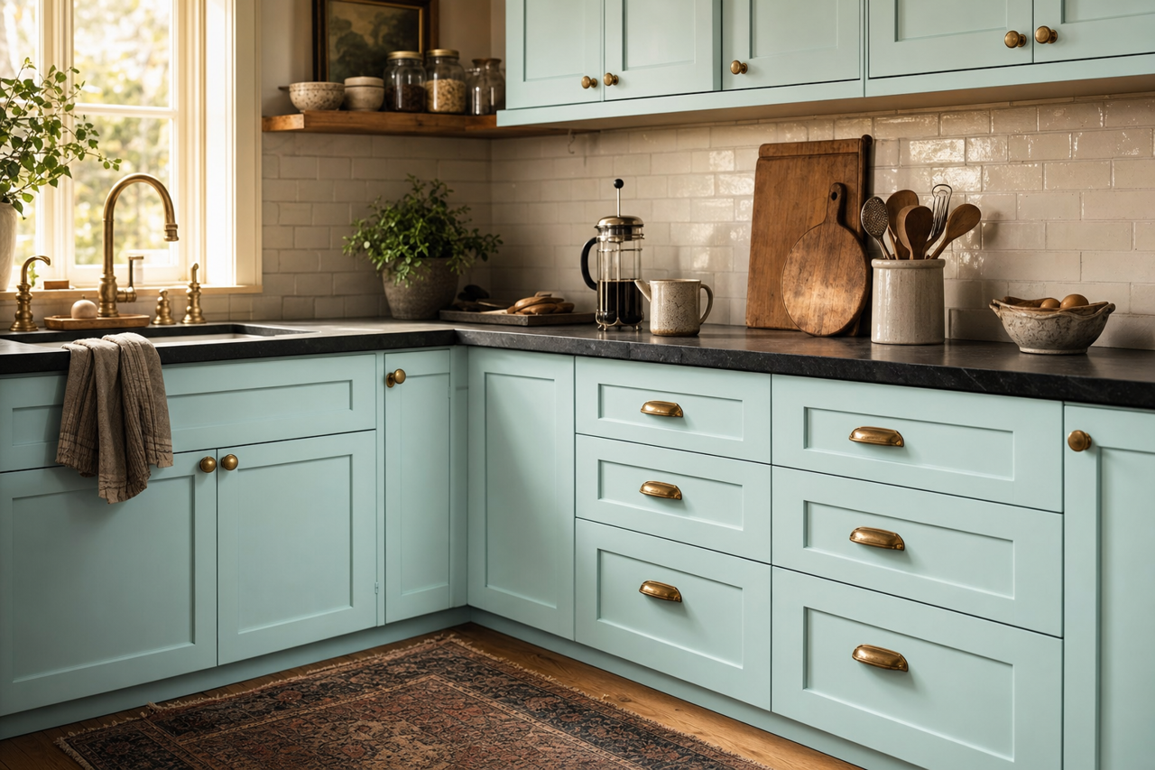 Tropical Mist by Valspar on cabinets