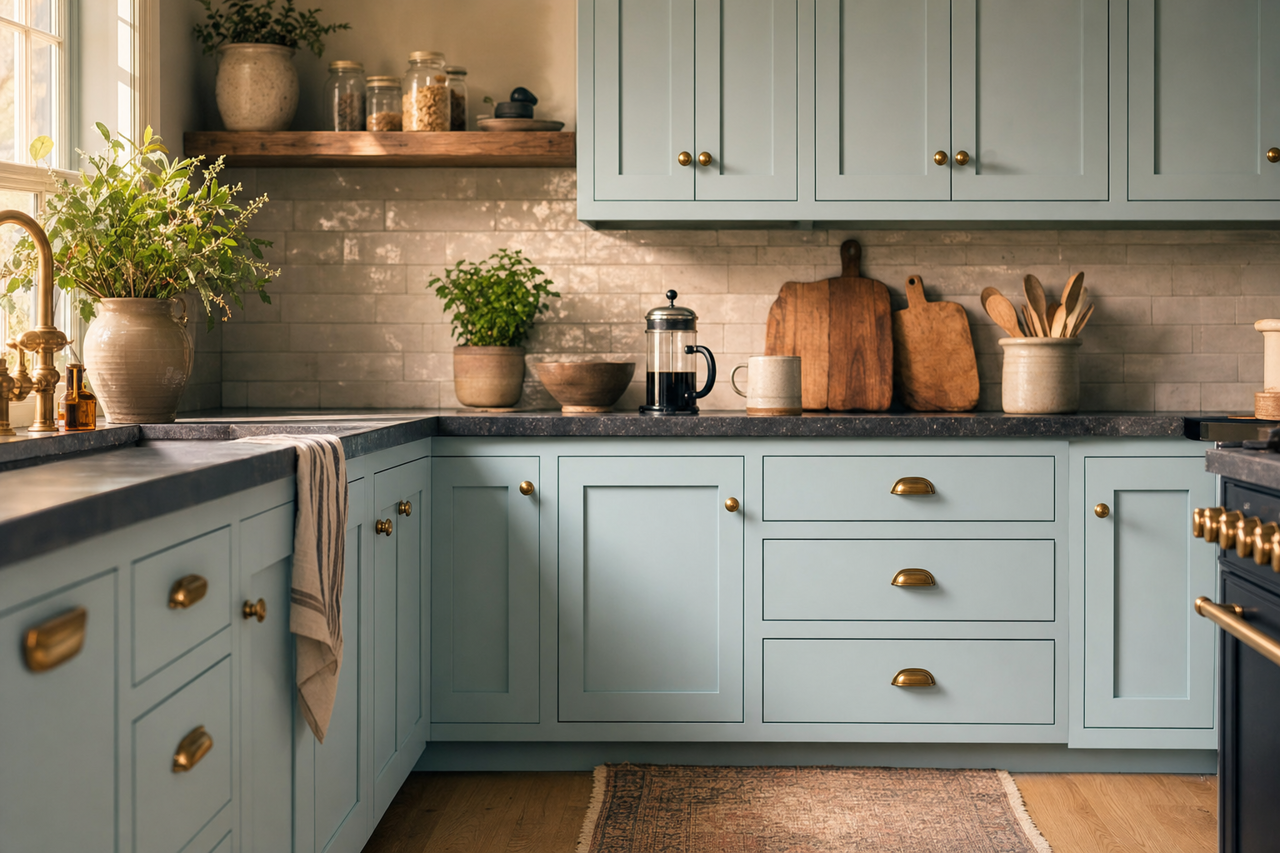 Surf Spray by Valspar on cabinets