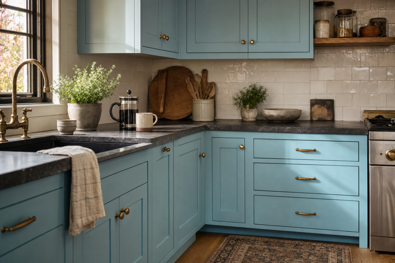 Tidal Wave by Valspar on cabinets