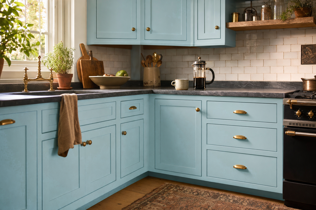Misty by Valspar on cabinets