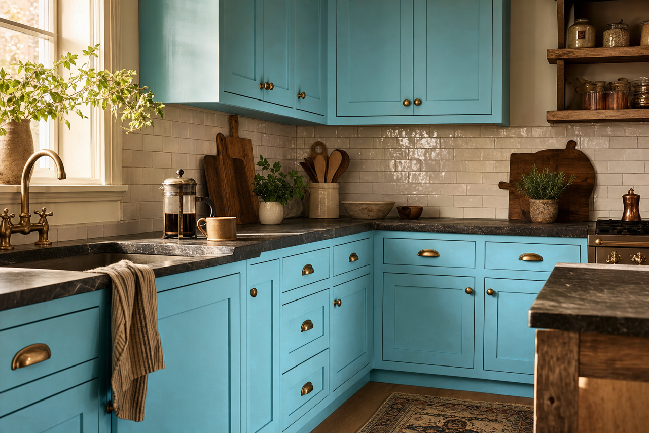 Fiesta Blue by Valspar on cabinets