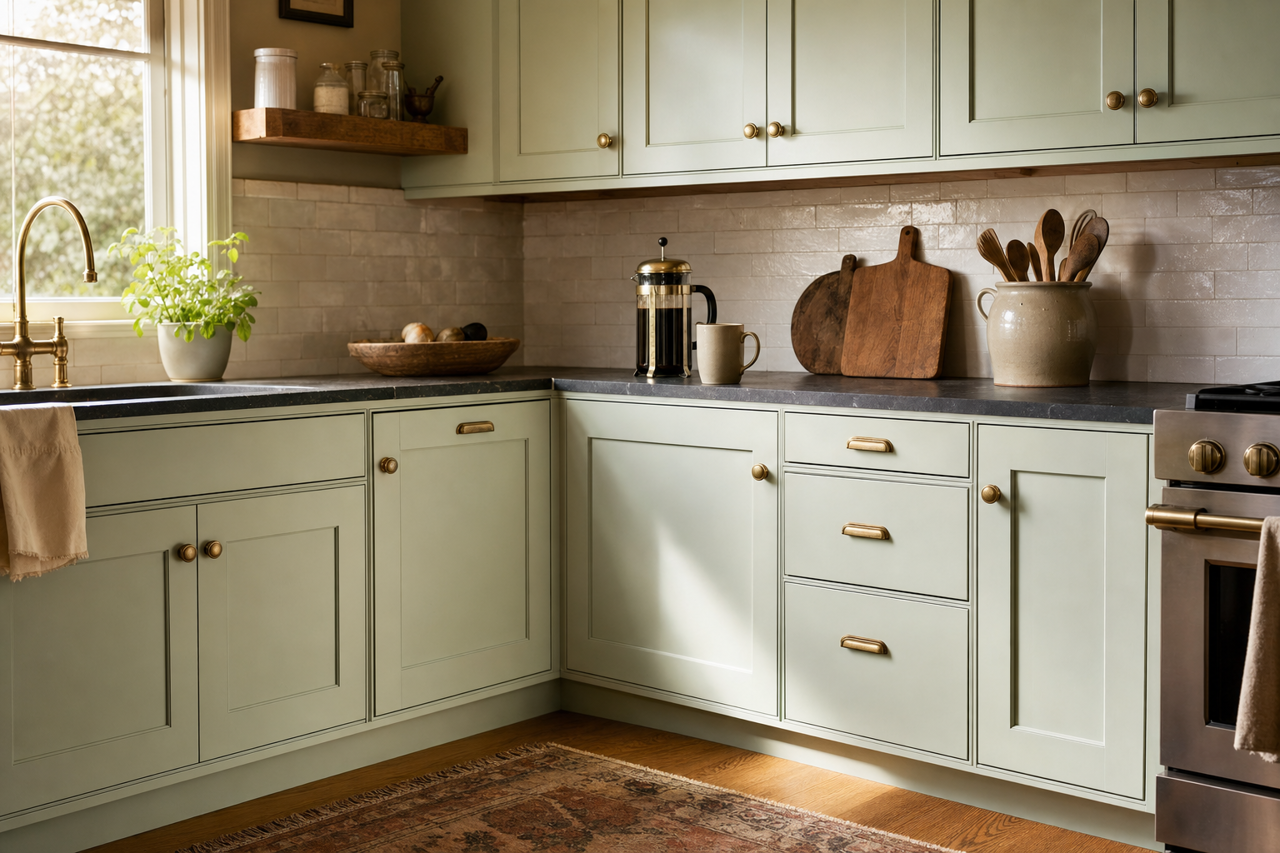 Quiet Mint by Valspar on cabinets